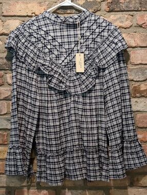 Max Studio Black and White Plaid Ruffle Yoke Cotton Blouse, Sz Large, NEW